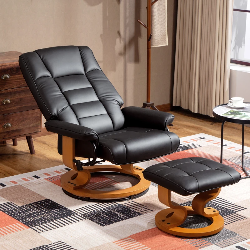 HOMCOM Fauteuil de relaxation inclinable avec repose-pied, pivotant, cadre en bois , revêtement synthétique noir
