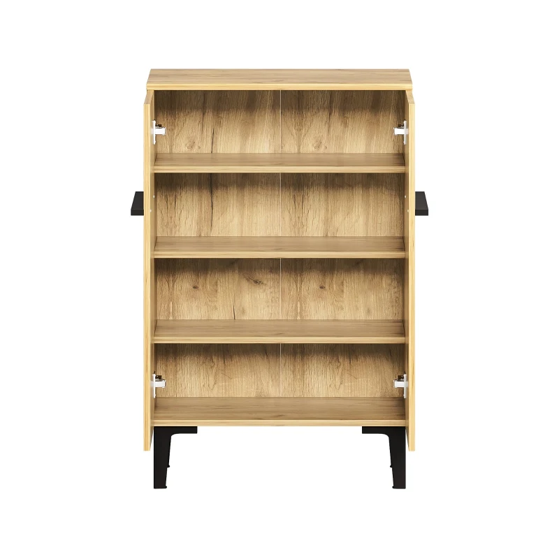Space-Saving Entryway Storage with Adjustable Shelves and Large Capacity, Modern Shoe Cabinet with Double Doors, 60L x 34.5W x 95H cm, Black+Wood