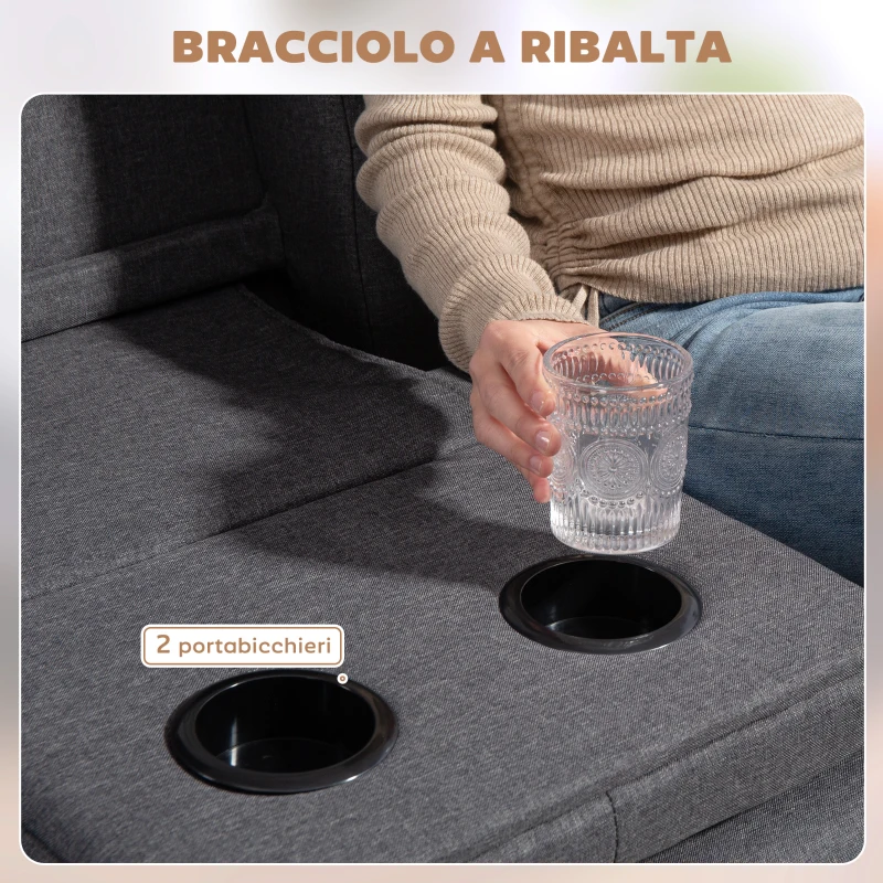 HOMCOM Divano Letto 3 Posti Reclinabile con 2 Braccioli Staccabili, in Tessuto Effetto Lino e Legno di Pioppo, 181x77x78 cm