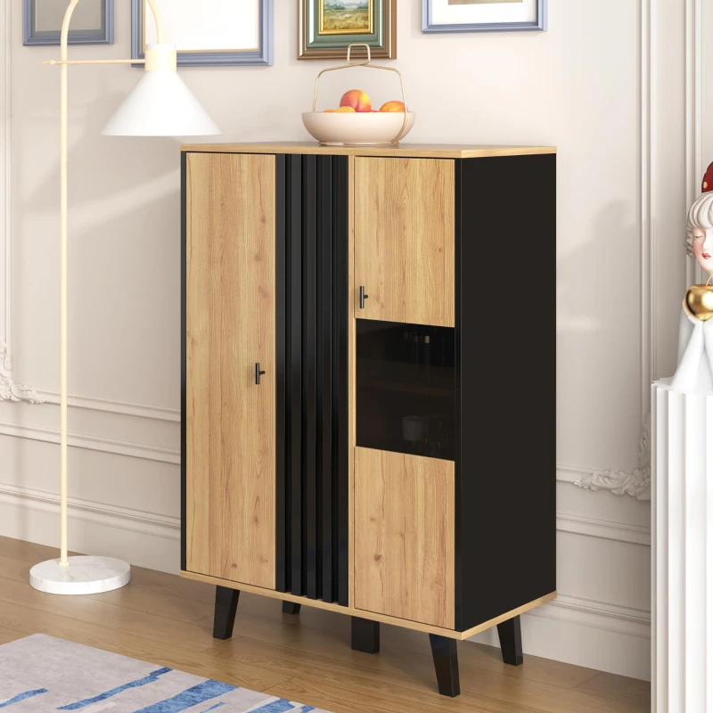 Display Cabinet with LED Lighting and Decorative Glass Doors, Versatile Sideboard with 3 Adjustable Shelves, 80L x 120W x 40H cm, Black+Wood