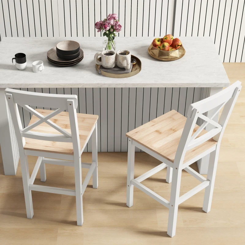 HOMCOM Barhocker 2er Set Barstuhl aus Kiefernholz mit Fußstütze, Lehne, Landhaus-Stil für Küche, Wohnzimmer, Natur