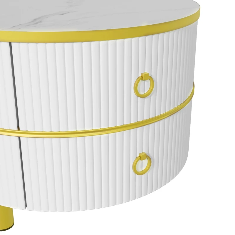 2-In-1 Round Coffee Table Set with High-Gloss Tops, Space-Saving Center Table Set with 2 Drawers, 70L x 70W x 46H cm, White