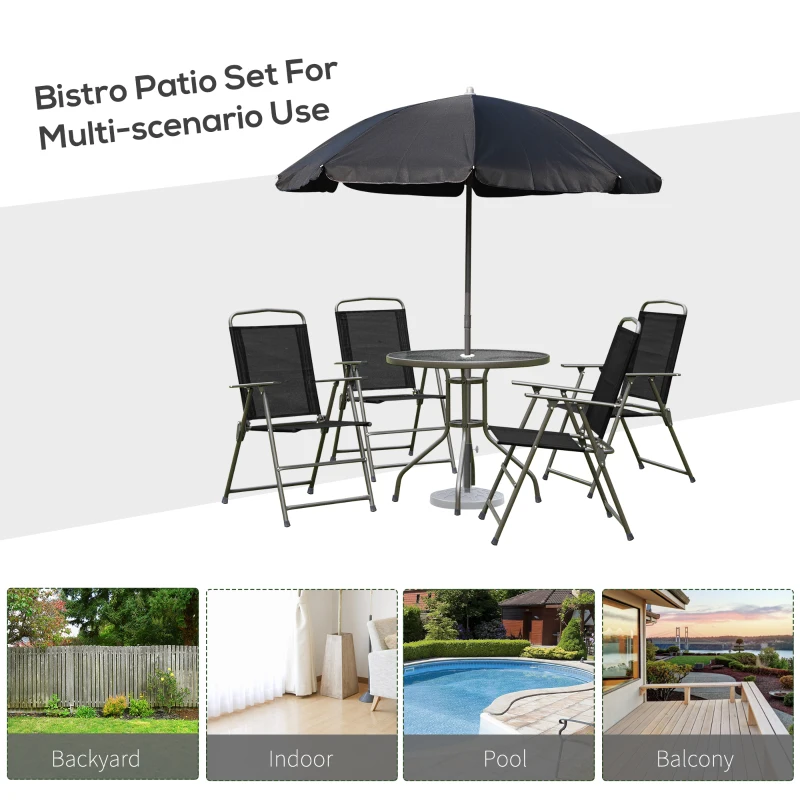 Outsunny 6 Piece Patio Dining Set with Umbrella, 4 Folding Dining Chairs & Round Tempered Glass Table for Garden, Backyard and Poolside, Black