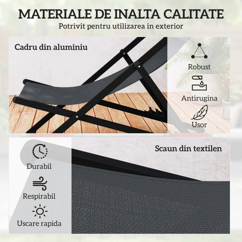 Outsunny Set 2 Scaune Fotoliu Sezlong pentru Exterior, Pliabile si Rabatabile, din Aluminiu, Gri, 96.5 x 58 x 91.5cm