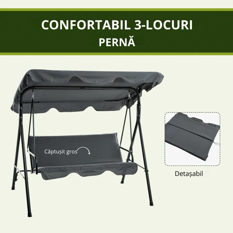 Outsunny Leagăn de Grădină cu 3 Locuri cu Copertină și Cadru din Oțel și Poliester, 172x110x153 cm, Gri