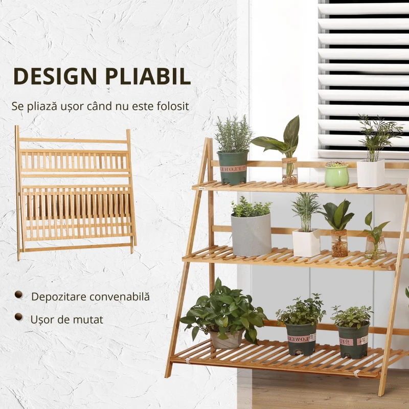 Outsunny Jardiniera de exterior din bambus cu 3 niveluri cu design inaltat si pliabil, 98x37x96,5 cm, culoarea lemnului