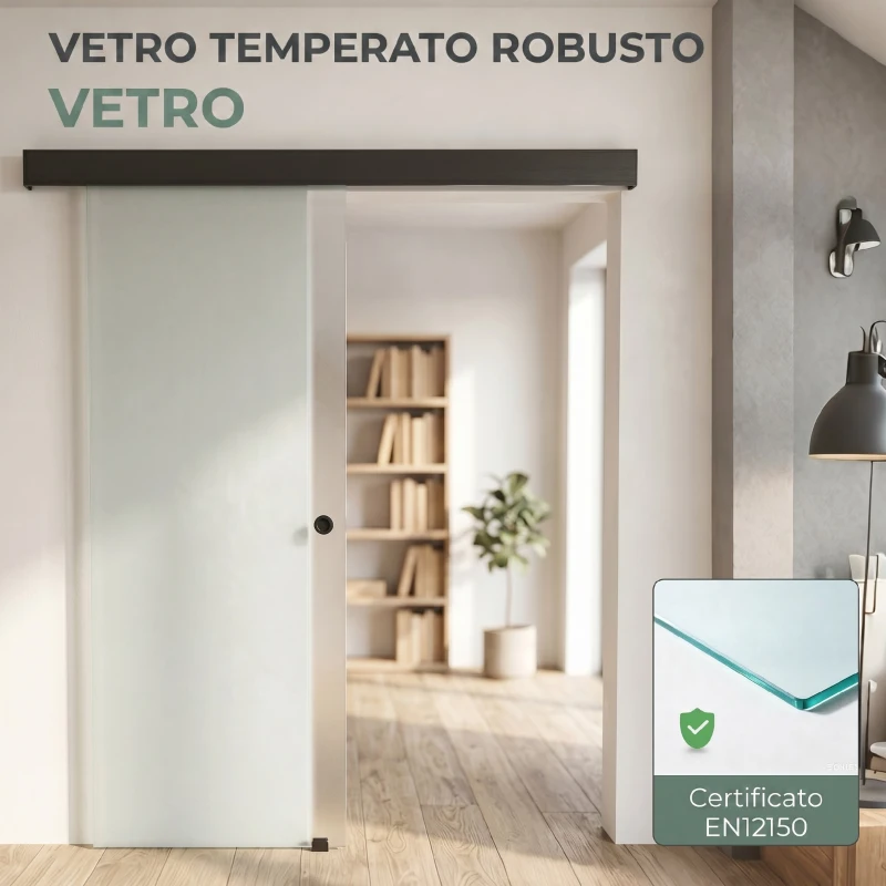 HOMCOM Porta Scorrevole in Vetro Sabbiato con Binario Silenzioso e Guida, 77.5x205 cm, Trasparente