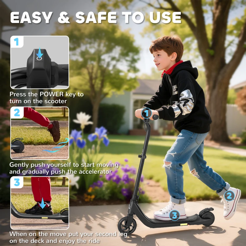HOMCOM 120W Electric Scooter, E-Scooter, Adjustable Height, Rear Brake, for Ages 6+, Black