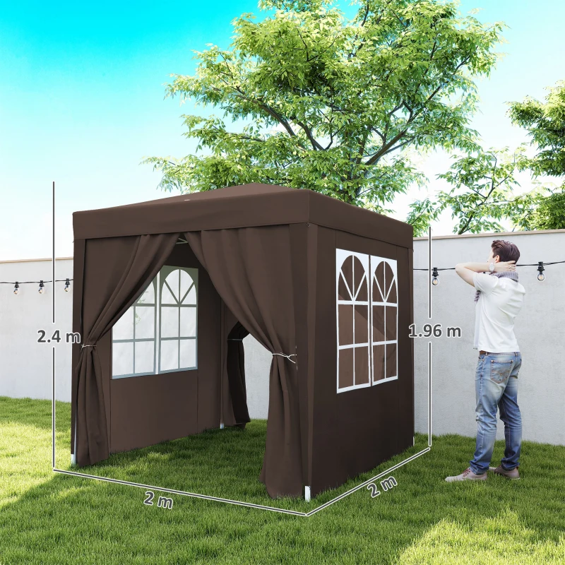 Outsunny 2 x 2 m Garden Pop Up Gazebo, Wedding Party Tent Marquee, Water Resistant Awning Canopy with Sidewalls, Windows, Carry Bag, Coffee(m-3)