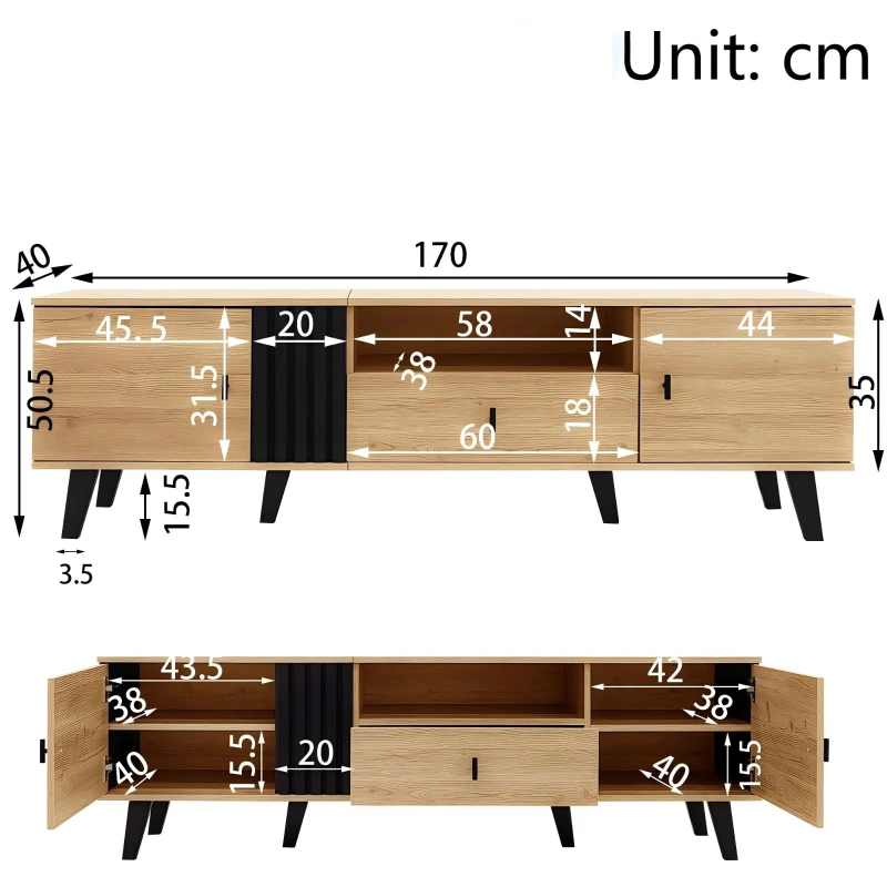 3-Piece Living Room Furniture Set with Water-Resistant Surfaces, Contemporary Living Room Set with Practical Storage, 170L x 40W x 50.5H cm, Black+Wood