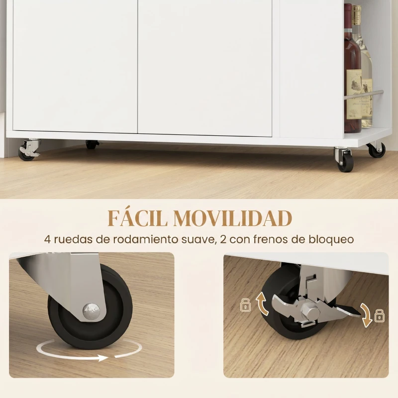 HOMCOM Carrito de Cocina con Ruedas 2 Puertas Estante Ajustable Especieros para Comedor 75x40x80,5 cm Blanco
