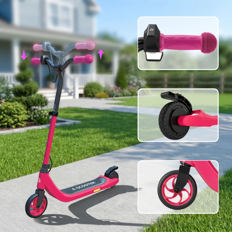HOMCOM Electric Scooter for Kids 6+, Foldable E Scooter, Up to 8 KM/H, Maximum Range 6 KM, Adjustable Height, Pink