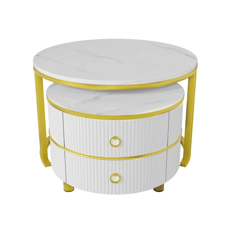 2-In-1 Round Coffee Table Set with High-Gloss Tops, Space-Saving Center Table Set with 2 Drawers, 70L x 70W x 46H cm, White