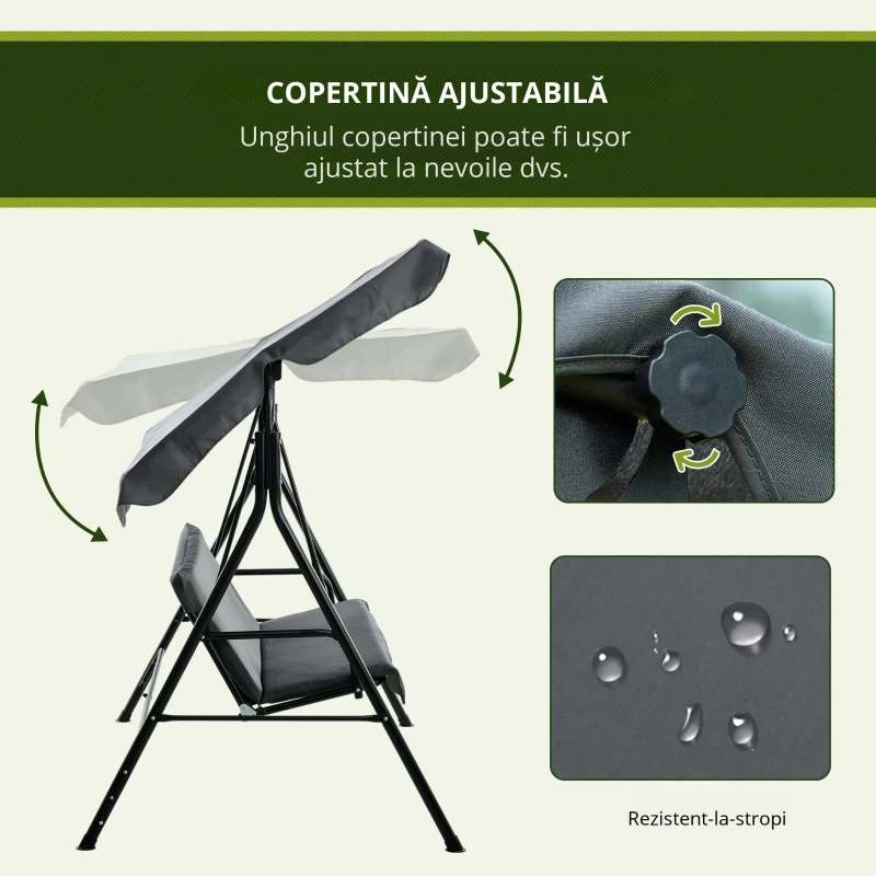 Outsunny Leagăn de Grădină cu 3 Locuri cu Copertină și Cadru din Oțel și Poliester, 172x110x153 cm, Gri