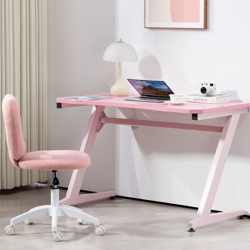 HOMCOM Armless Heart Computer Desk Chair, Teddy Fleece Swivel Office Chair, Makeup Vanity Chair with Height Adjustable, Wheels, for Home Study Bedroom, Pink
