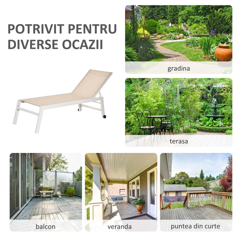 Outsunny Șezlong cu Spătar Reglabil, din Aluminiu și Textilenă, 169x65x102 cm, Bej și Alb