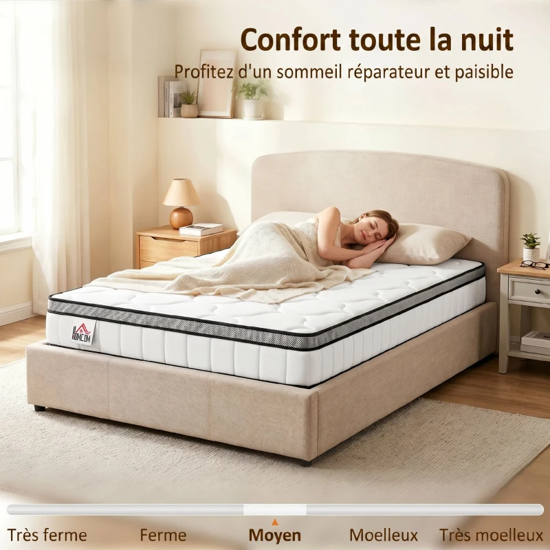 HOMCOM Matelas 90 x 190 cm, 20cm d'épaisseur, matelas à ressorts ensachés 7 zones mousse à mémoire forme au gel rafraîchissant
