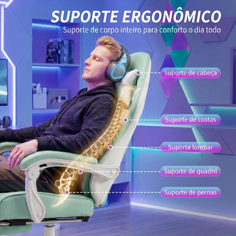 HOMCOM Cadeira Gaming Reclinável 155° com Suporte Lombar com Massagem Apoio de Cabeça e Apoio para os Pés 63x66x126-134 cm Azul Claro