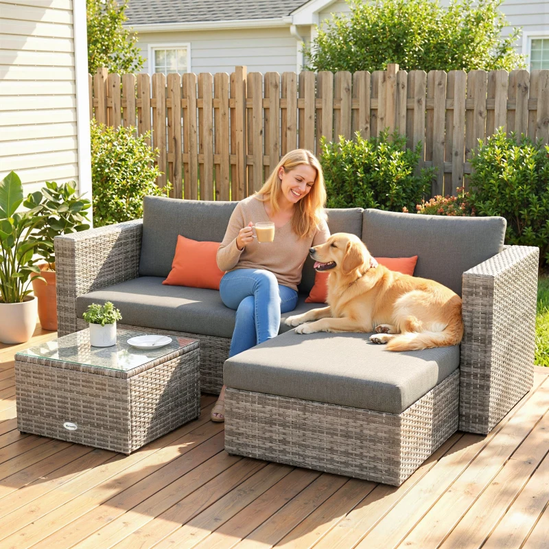 Outsunny 3 Pieces Outdoor PE Rattan Corner Sofa Set with Cushions - Garden Conversation Chaise Lounge Furniture, Includes Glass Top Coffee Table and Two Pillows, Grey