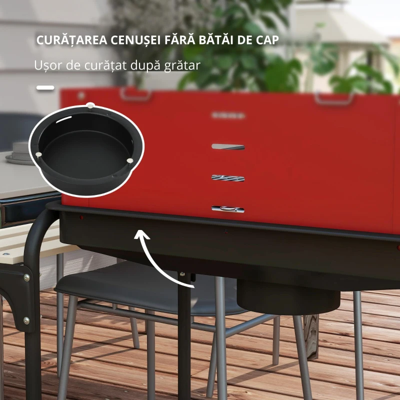 Outsunny Grătar cu cărbune cu grilaj reglabil și 3 rafturi din metal și lemn, 103x47x95 cm, roșu