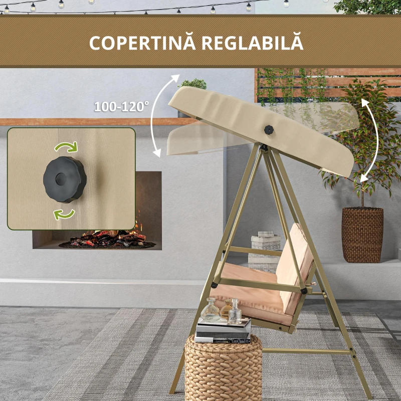 Outsunny Scaun Balansoar de Gradina cu 3 Locuri, Banca Hamac in Aer Liber cu Copertina Reglabila, Perne Detasabile si Cadru Solid