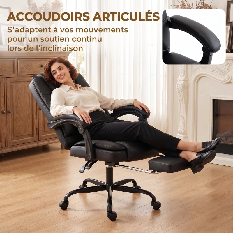 HOMCOM Chaise de bureau ergonomique, fauteuil de bureau inclinable en pu avec repose-pieds rétractable, hauteur réglable, noir