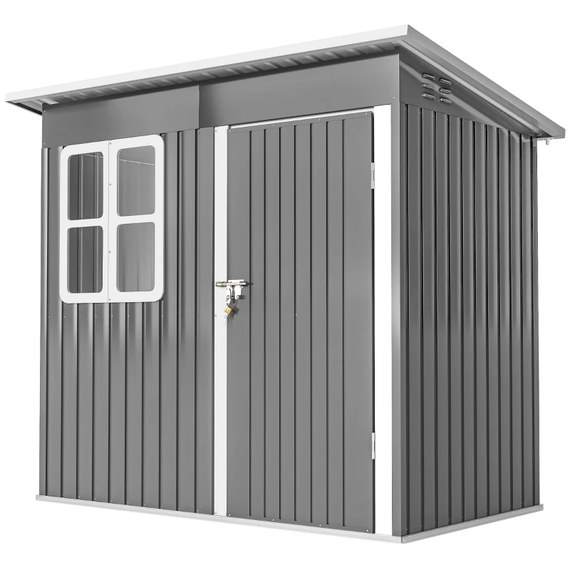 Outsunny Gartenschuppen, Gartenhaus mit Fenster, verschließbare Tür, für Garten, Terrasse, Stahl, 221L x 133B x 190H cm, Grau(m-11)