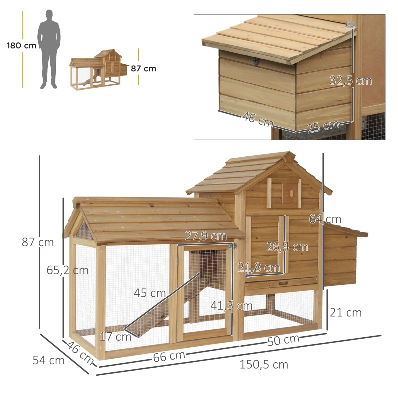 PawHut Kippenhok met ren pluimveehok met stok massief hout naturel(m-3)