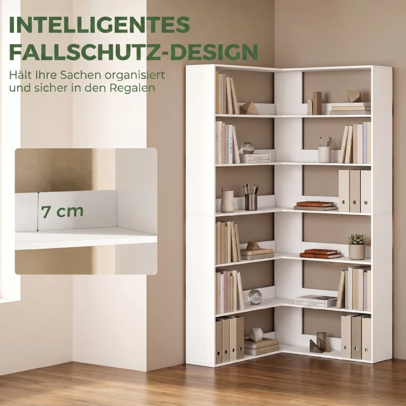 HOMCOM Boekenkast met 7 Lagen, L-vormig Hoekrek met Anti-slip Achterwand, Wit met Houtlook