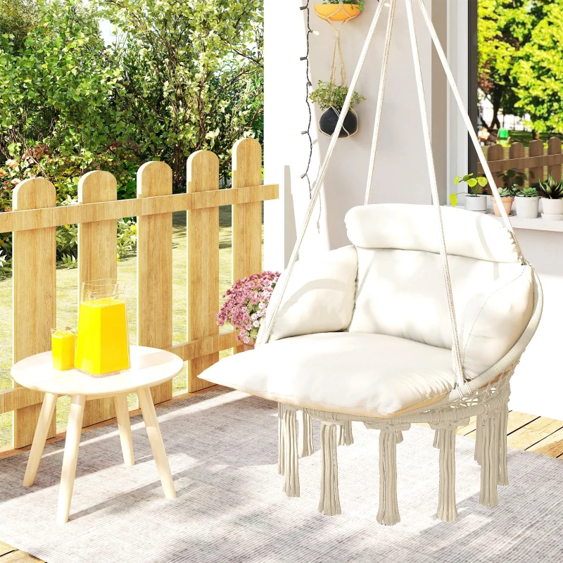 Outsunny Fotoliu Suspendat în Stil Boho cu Pernă, din Oțel, Bumbac și Poliester, 80x60x40 cm, Alb Crem(m-2)