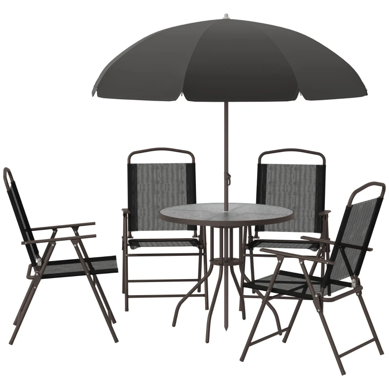 Outsunny 6 Piece Patio Dining Set with Umbrella, 4 Folding Dining Chairs & Round Tempered Glass Table for Garden, Backyard and Poolside, Black