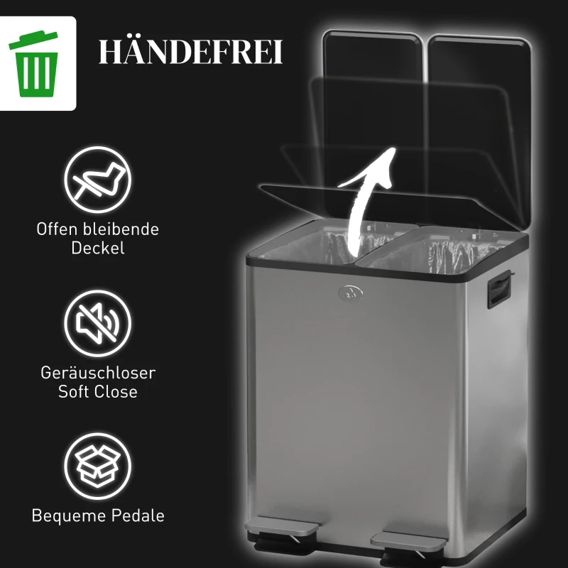 HOMCOM 2 x 20L Dubbele Prullenbak, Pedaalopening, Gemakkelijk Schoon te Maken, Roestvrij Staal, Kunststof, Zilver