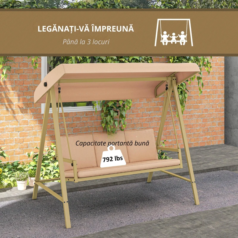 Outsunny Scaun Balansoar de Gradina cu 3 Locuri, Banca Hamac in Aer Liber cu Copertina Reglabila, Perne Detasabile si Cadru Solid