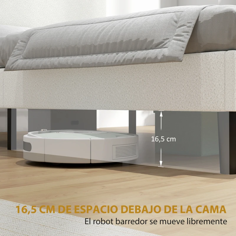 HOMCOM Estructura de Cama Doble con Cabecero Ajustable en Altura Tapizada en Borreguito Listones de Soporte Blanco