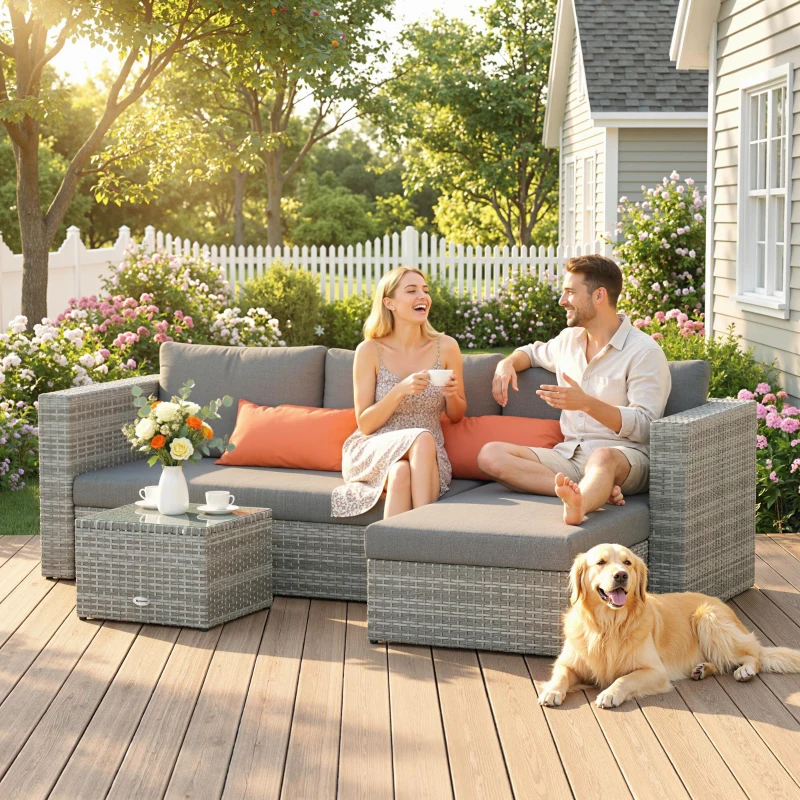 Outsunny 3 Pieces Outdoor PE Rattan Corner Sofa Set with Cushions - Garden Conversation Chaise Lounge Furniture, Includes Glass Top Coffee Table and Two Pillows, Grey
