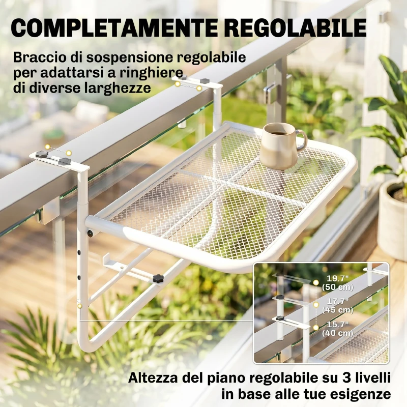 Outsunny Tavolo da Ringhiera con Ganci ad Altezza Regolabile su 3 Livelli, in Metallo, 60x56x50 cm, Bianco