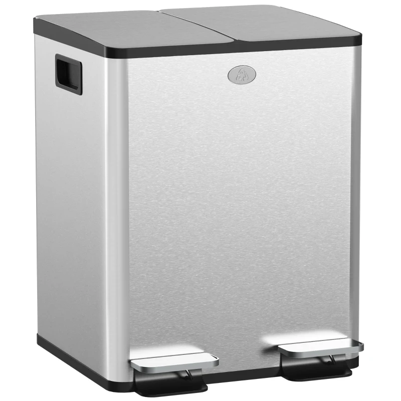 HOMCOM 2 x 20 L Doppelmülleimer, Pedalöffnung, leicht zu reinigen, Edelstahl, Kunststoff, Silber