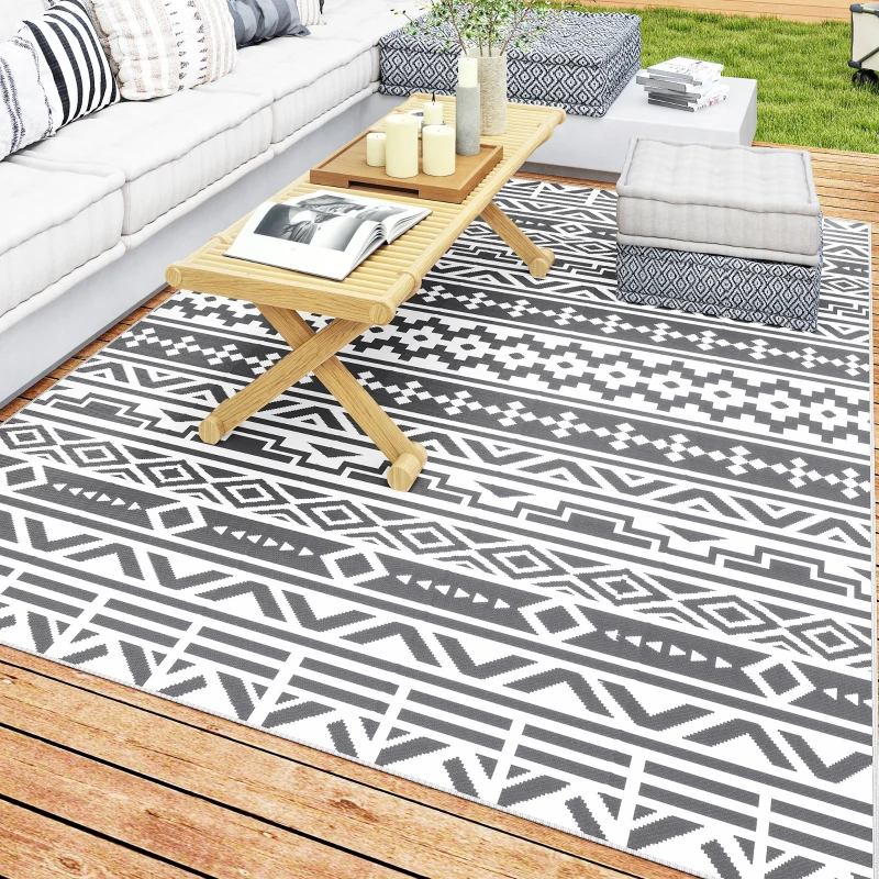 Outsunny Alfombra de Exterior Reversible 182x274 cm con Patrón Geométrico de Cenefa Impermeable con Bolsa Gris y Blanco