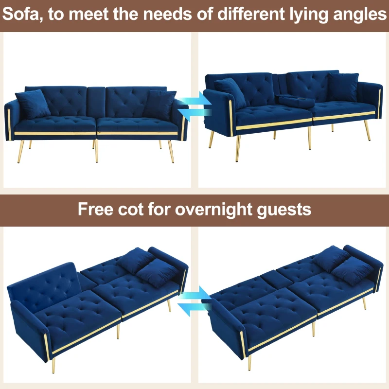 Two-Seater Convertible Sofa Bed with 3-Level Adjustable Backrest, Space-Saving Sleeper Sofa with High-Density Foam, 174L x 76W x 71.5H cm, Blue