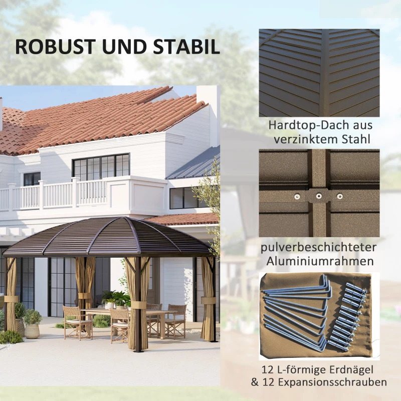 Outsunny Gartenpavillon, Partyzelt, Festzelt, 4 x Doppel-Seitenteile, wasserdicht, 2 Laternenhaken, ca. 4 x 3 x 2,8 m, Braun
