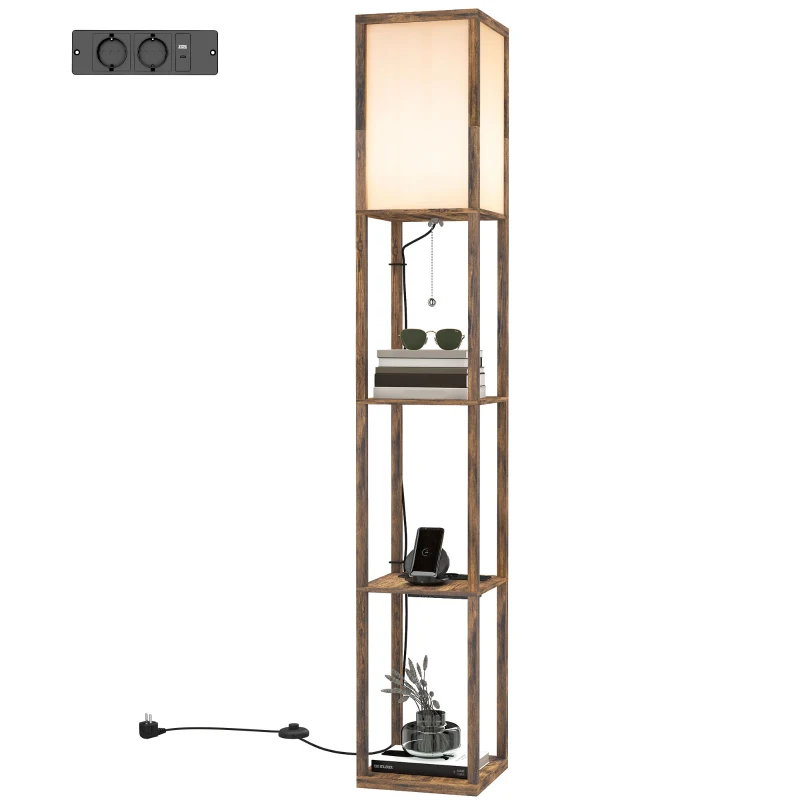 HOMCOM LED Stehlampe mit 3 Regalen, Stehleuchte mit E27 Fassung, 26 x 26 x 160 cm, für Wohn-/Schlafzimmer