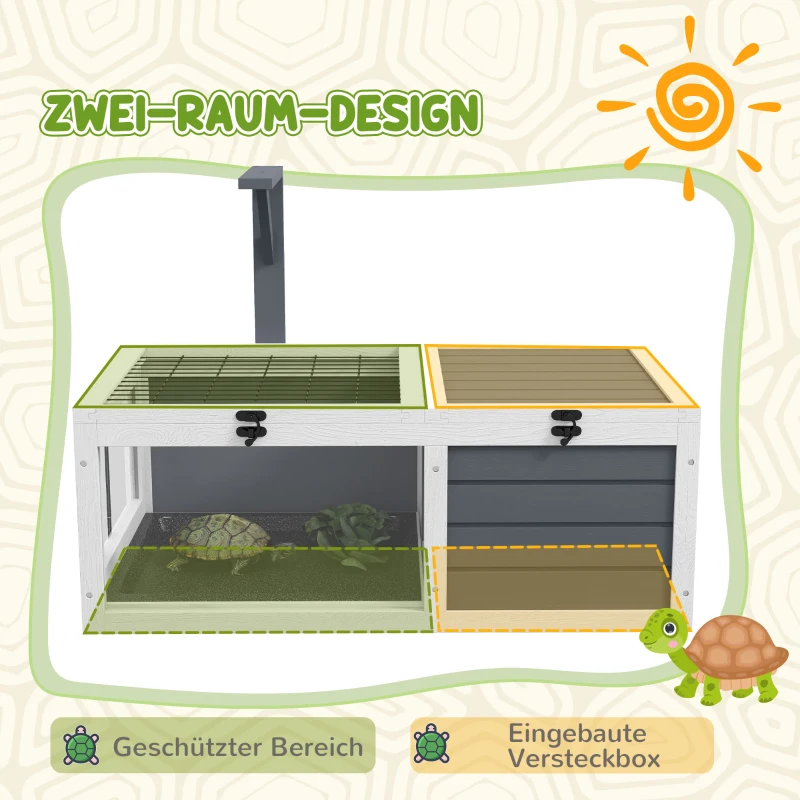 PawHut Schildpaddenverblijf, Reptielenbox met 2 Kamers, Deksel, Kunststof Schalen, Ramen, Hout, Grijs
