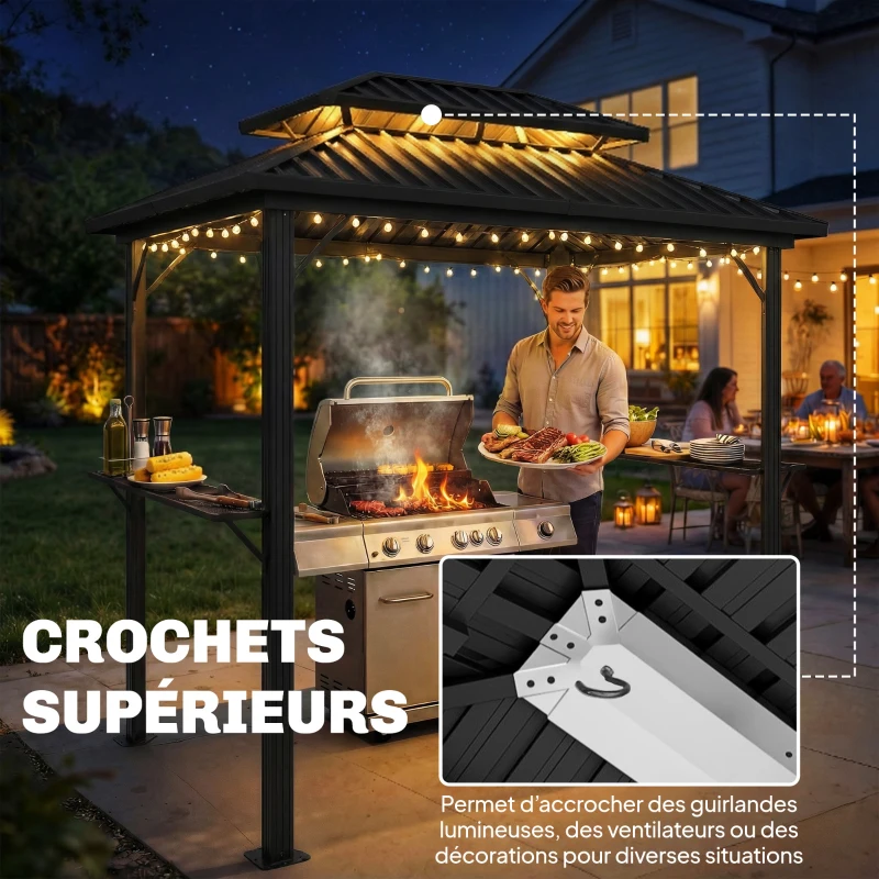 Outsunny Abri barbecue extérieur tonnelle de jardin aluminium à double toit 2 étagères latérales crochets 231x165x246cm noir