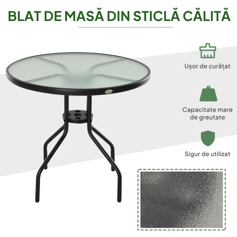 Outsunny Masuta de exterior din otel cu suprafata din sticla securizata Ф80 x 72 cm