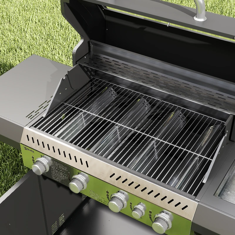 Outsunny 4+1 Burner Gas BBQ Grill with Clear View Lid, Portable Gas Barbecue Grill with Built-in Thermometer, Side Table, Cabinet, Wheels, Grease Tray for Garden Party Outdoor Cooking, Black