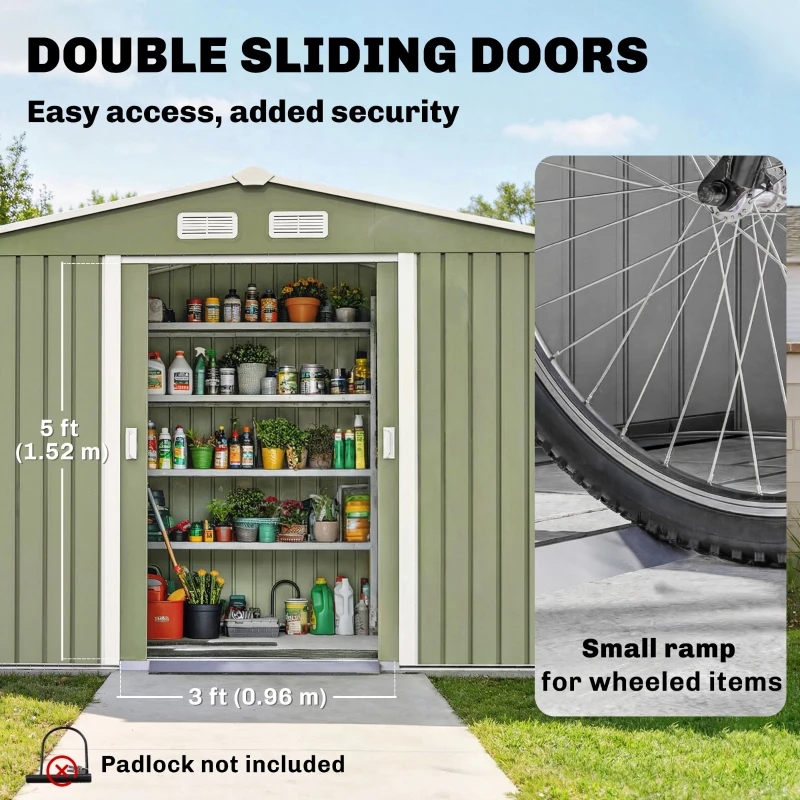 Outsunny 9 x 6ft Metal Garden Shed, Waterproof Outdoor Bike Storage Shed Galvanised with Vents, Foundation Kit, Apex Roof and Lockable Double Doors for Patio Lawn, Light Green