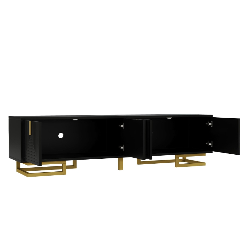 TV Cabinet with Textured Doors Metallic Handles and Sturdy Metal Legs, Elegant TV Stand with Integrated Shelves, 160L x 38W x 44.5H cm, Black