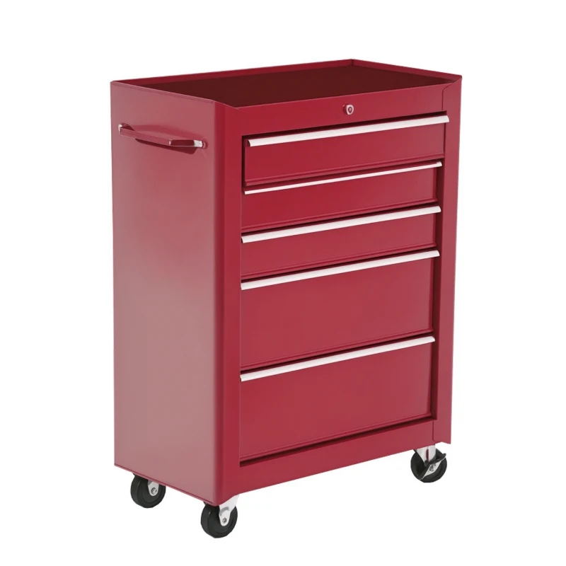 HOMCOM Rollbarer Werkzeugwagen, Werkstattwagen aus Stahl 5 Schubladen abschließbar 2 Schlüssel, 61,5 x 33 x 82,5 cm, rot