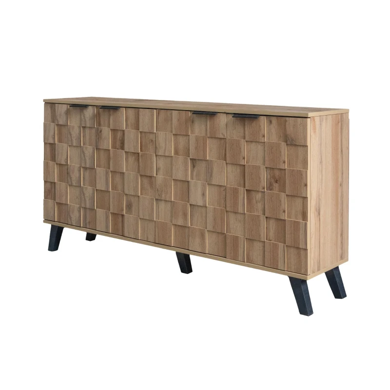 Modern Sideboard with Matt Handles and Sturdy Legs, Durable Storage Cabinet with Adjustable Shelves, 150L x 35W x 78H cm, Wood