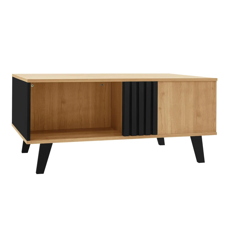 Stylish Coffee Table with Practical Storage and Wood‑Coloured Surface, Divided-Storage Tea Table with Wood Legs, 100L x 60W x 45H cm, Black+Wood